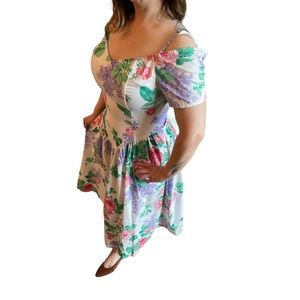 Vintage 1980s Cottage Core Floral Off Shoulder Midi Dress by Eber San Fran